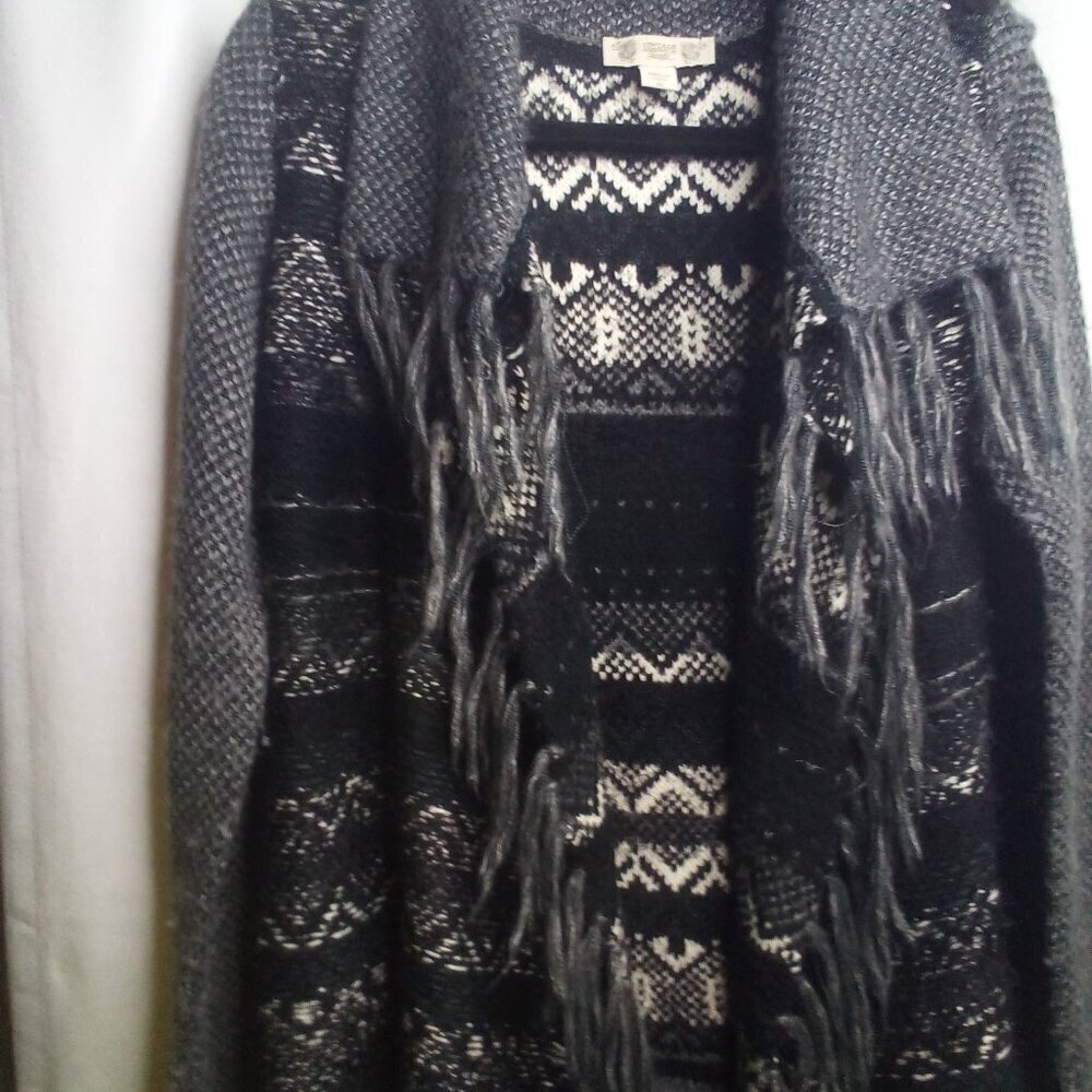 Vintage America Cardigan Sweater M Open Front Fringe Long Sleeve Black White - Picture 6 of 14